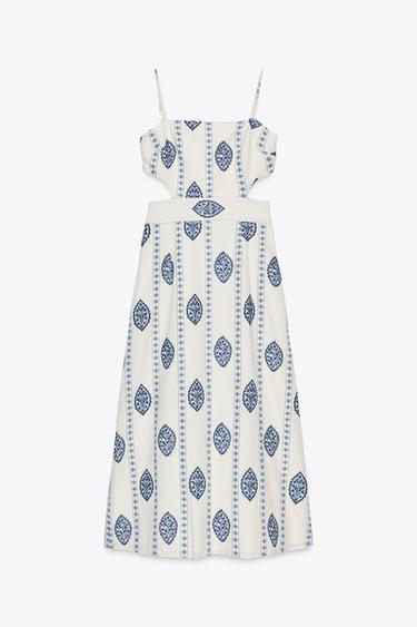 MIDI DRESS WITH CUT-OUT EMBROIDERY - Ecru / Blue by Zara