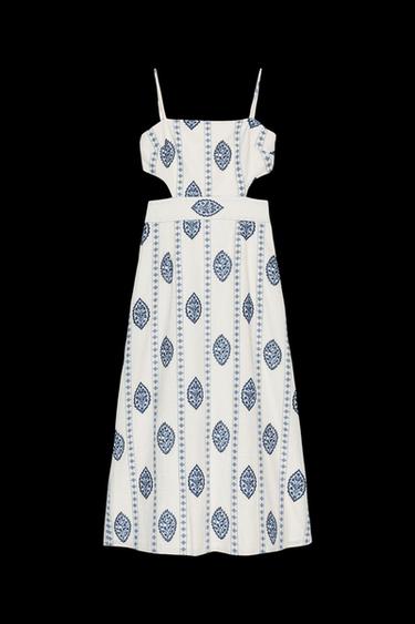 MIDI DRESS WITH CUT-OUT EMBROIDERY - Ecru / Blue by Zara - Image 0