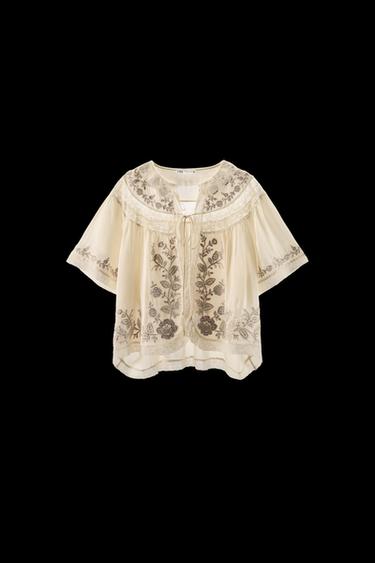 Zara ROMANTIC EMBROIDERED TOP - Ecru - Image 0