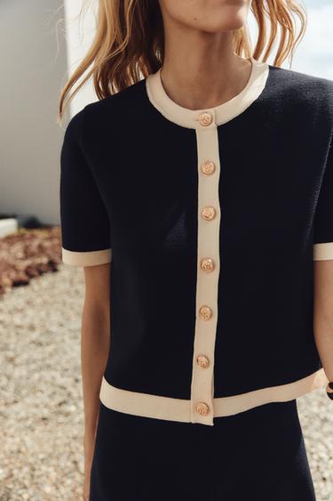 CASACO DE TRICÔ COM MANGA CURTA - Azul-marinho da Zara