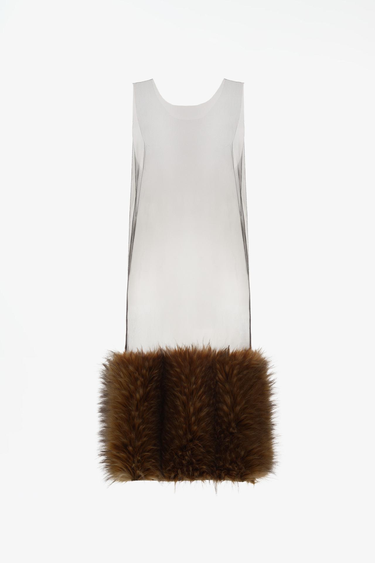 LIMITED EDITION TULLE MIDI DRESS WITH FAUX FUR — Light brown