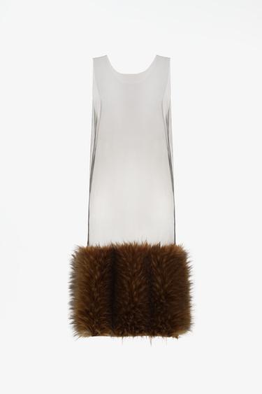 LIMITED EDITION TULLE MIDI DRESS WITH FAUX FUR — Light brown 1