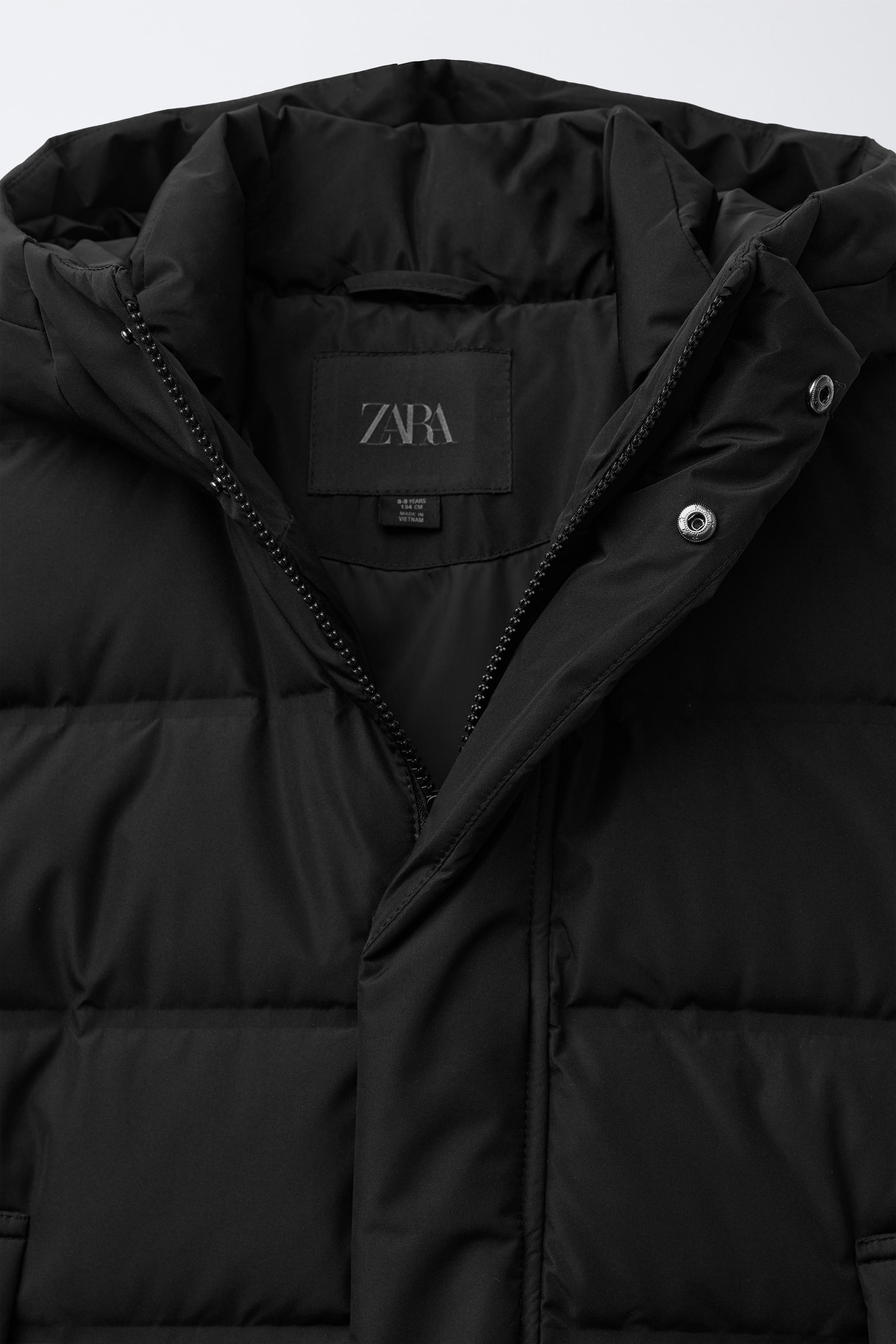 ZARA 黒 ロングダウンジャケット 撥水加工入りロング丈フェザー＆ダウンジャケット - ブラック