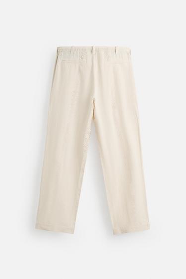PANTALON COTON ET LIN BRODÉ ET PERFORÉ - Beige clair de Zara - Image 7