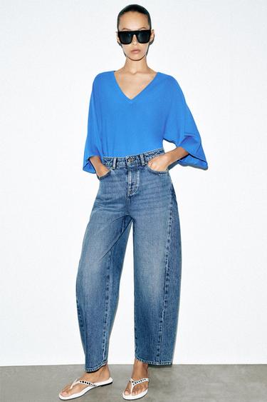 Zara Z1975 HIGH-RISE BARREL JEANS WITH SEAMS - Mid-blue
