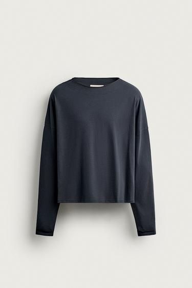 CROPPED LONG SLEEVE T-SHIRT - Navy blue by Zara