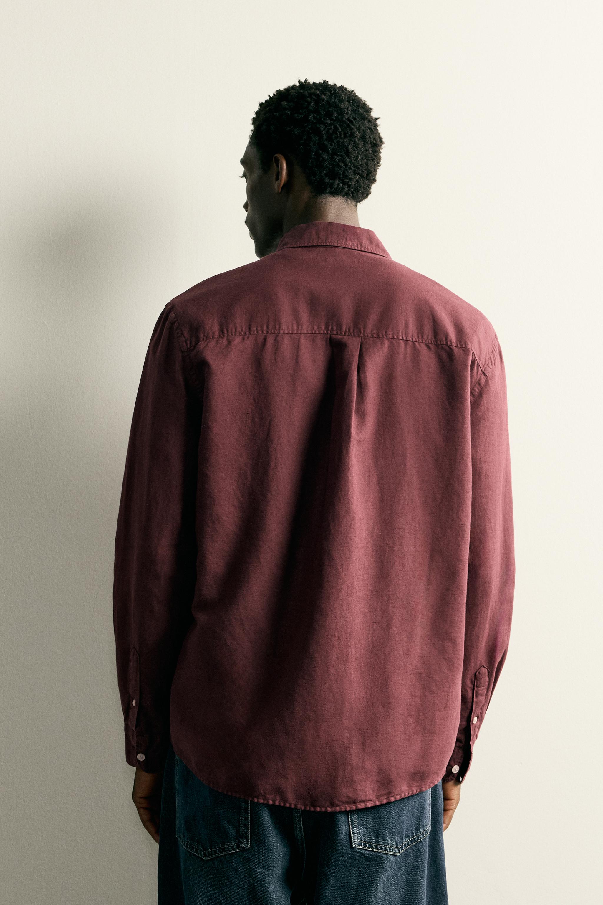 LINEN COTTON BLEND SHIRT - Maroon | ZARA Canada