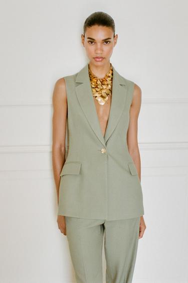 Zara LINEN LONG VEST - Light khaki - Image 0