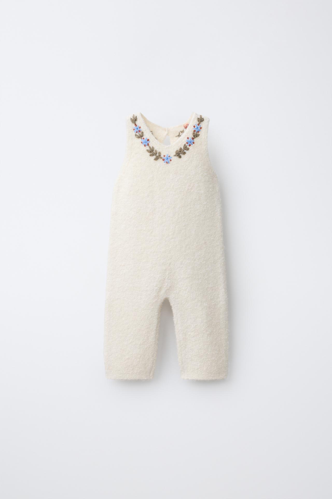EMBROIDERED FLORAL KNIT JUMPSUIT — Ecru