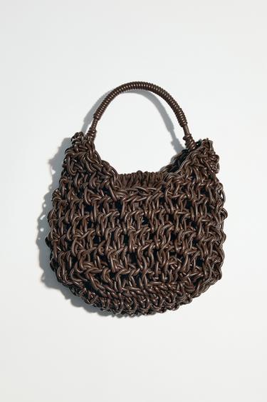 Zara TOPSTITCHED WOVEN HANDBAG - Chocolate