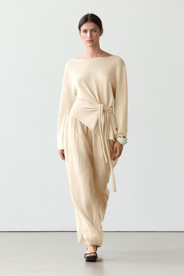 Zara Asymmetric linen blend sweater with tie detail - Yellow - Image 0