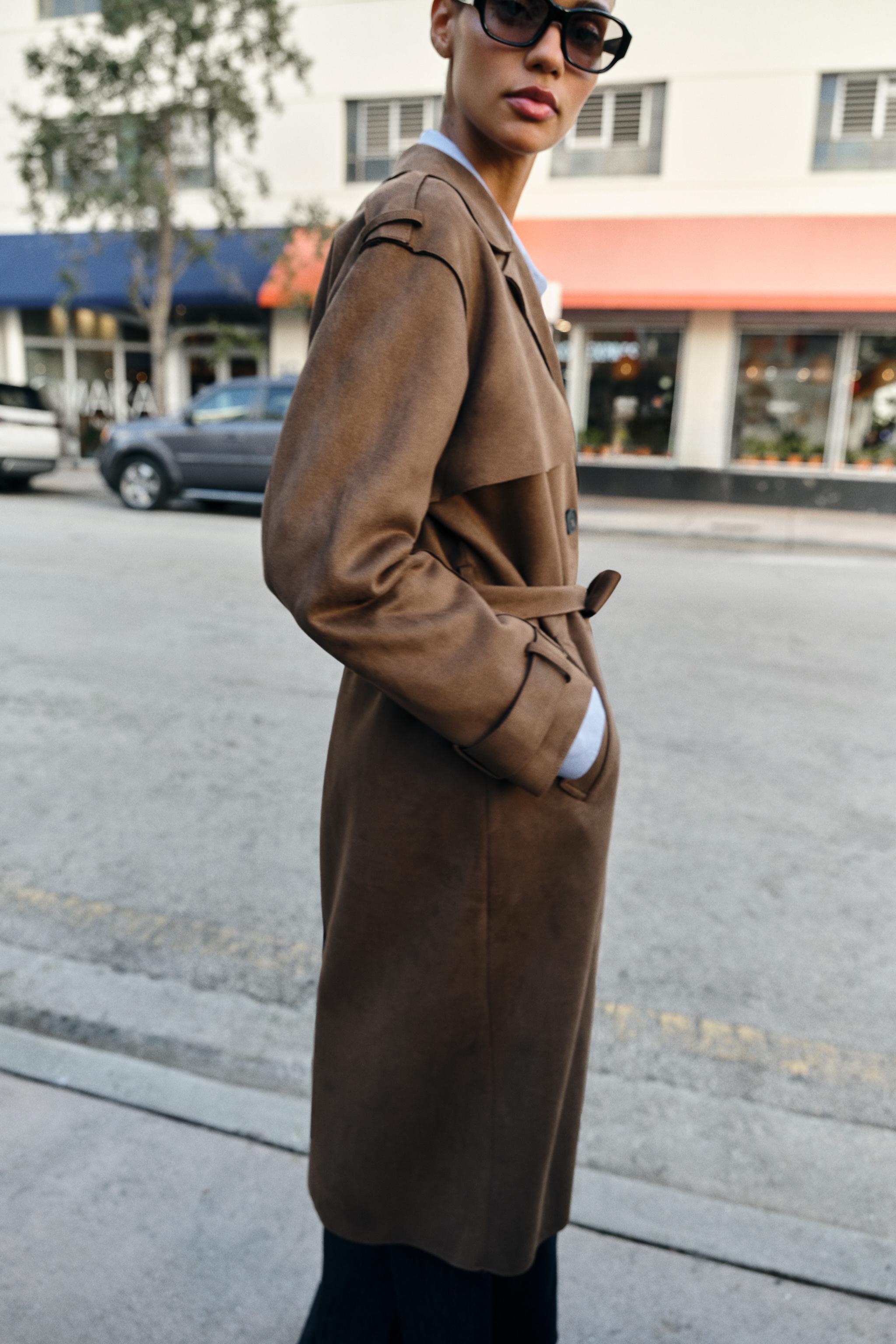 LONG SUEDE EFFECT BELTED TRENCH COAT