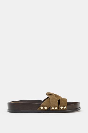 LEATHER SLIDER SANDALS - Khaki Green de Zara - Image 3