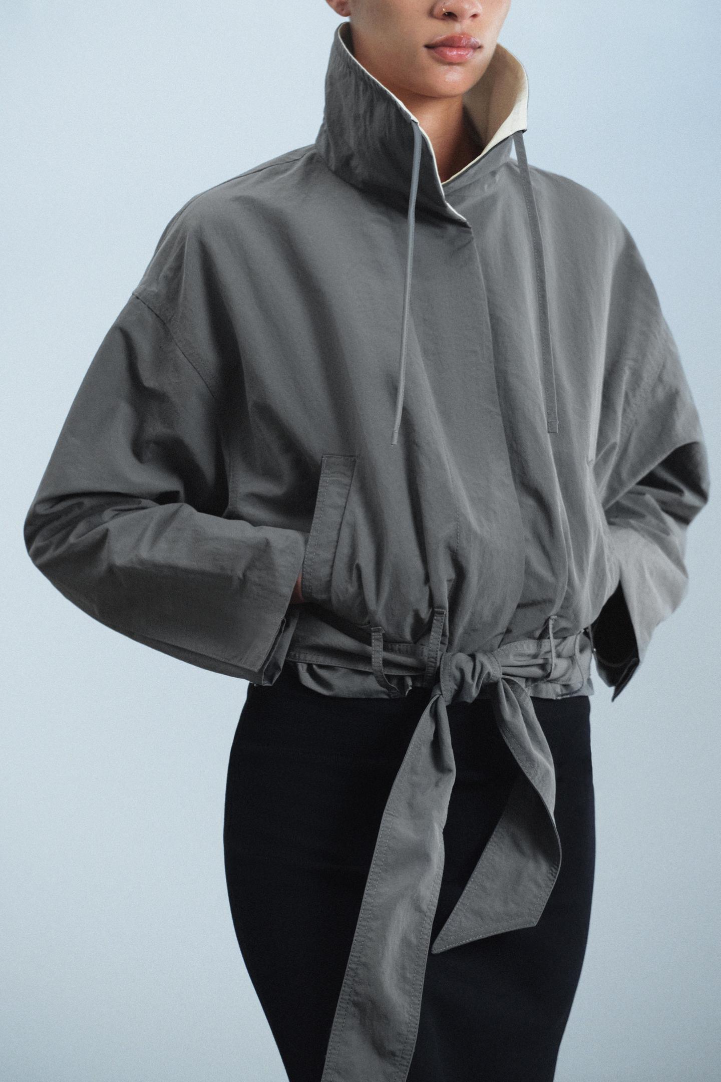 Женская куртка Zara ZW Collection Cropped Belted, цвет: Серый — фото 4