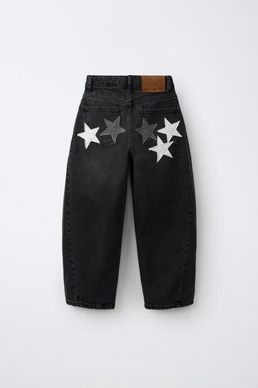 JEANS BARREL PARCHES ESTRELLAS - Gris de Zara