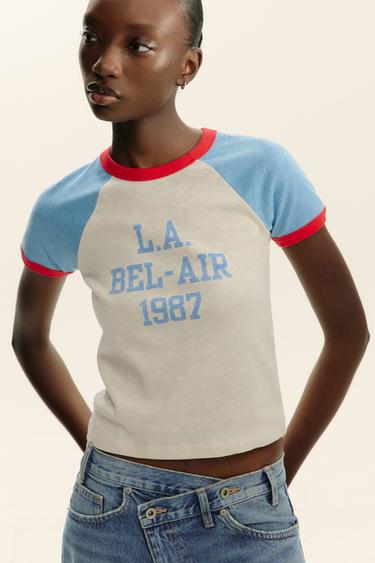 SLOGAN T-SHIRT WITH RIBBED TRIM - Ecru / Blue by Zara