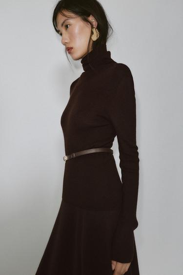 PULL 100 % LAINE COL MONTANT CEINTURE - Chocolat de Zara - Image 2