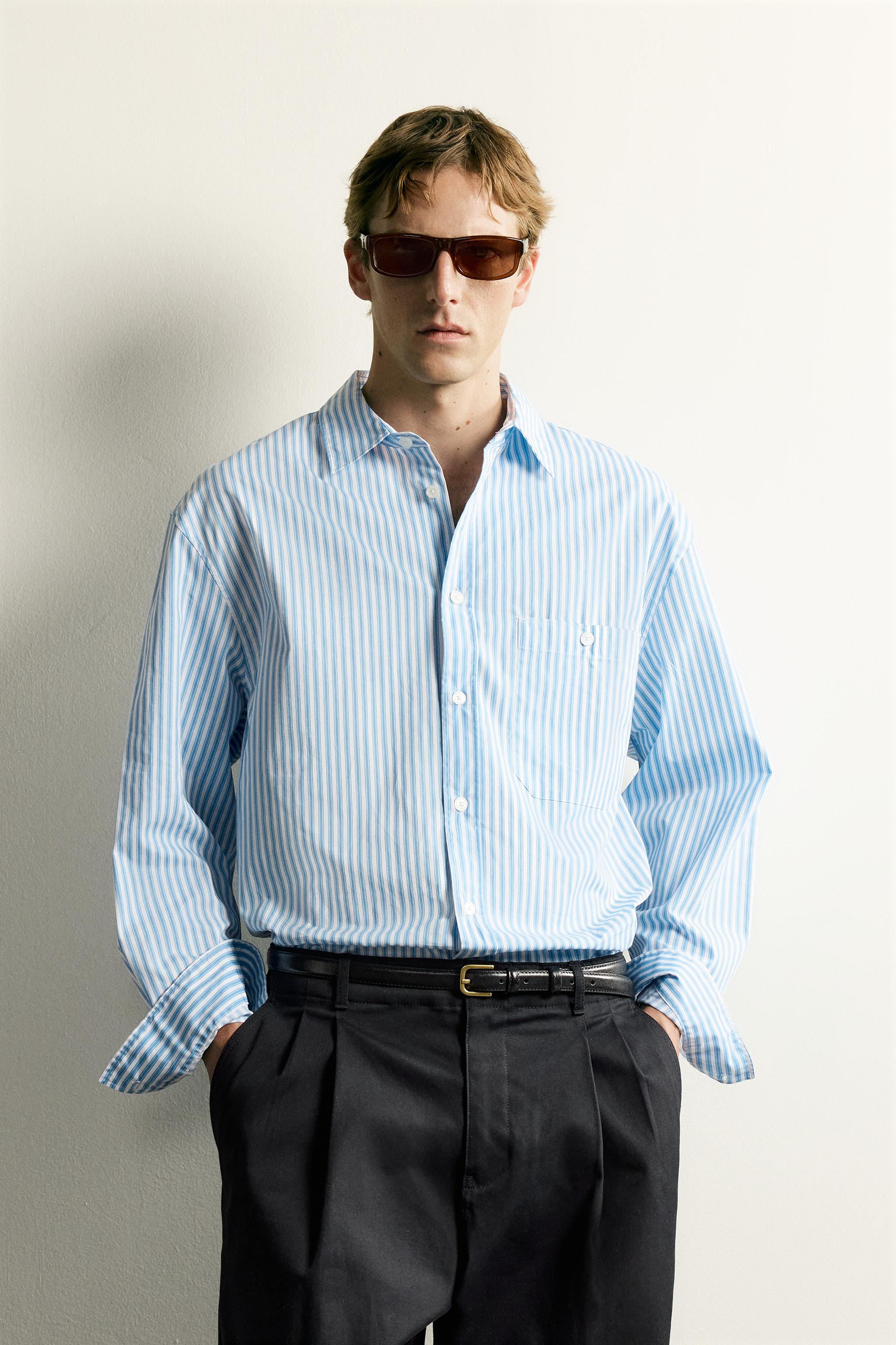 STRIPED BOXY FIT SHIRT — Sky blue