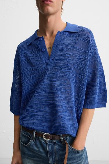 OPEN KNIT POLO SHIRT - Blue by Zara - Image 4
