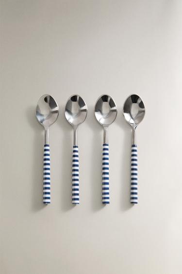 Zara SET OF DESSERT SPOONS WITH STRIPED HANDLES (SET OF 4) - Blue / White