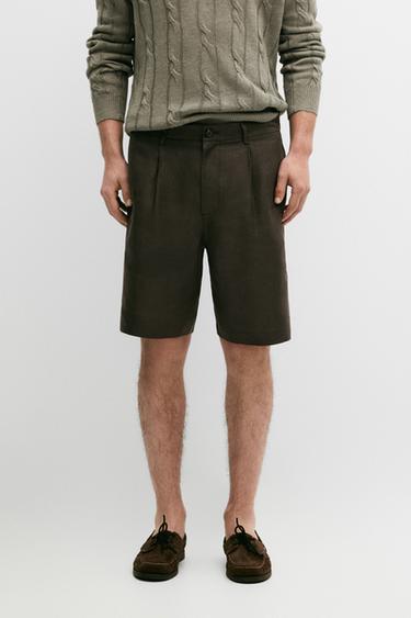 Zara Linen Bermuda shorts with darts - Brown