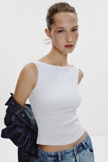 COLD SHOULDER RIBBED T-SHIRT - White by Zara