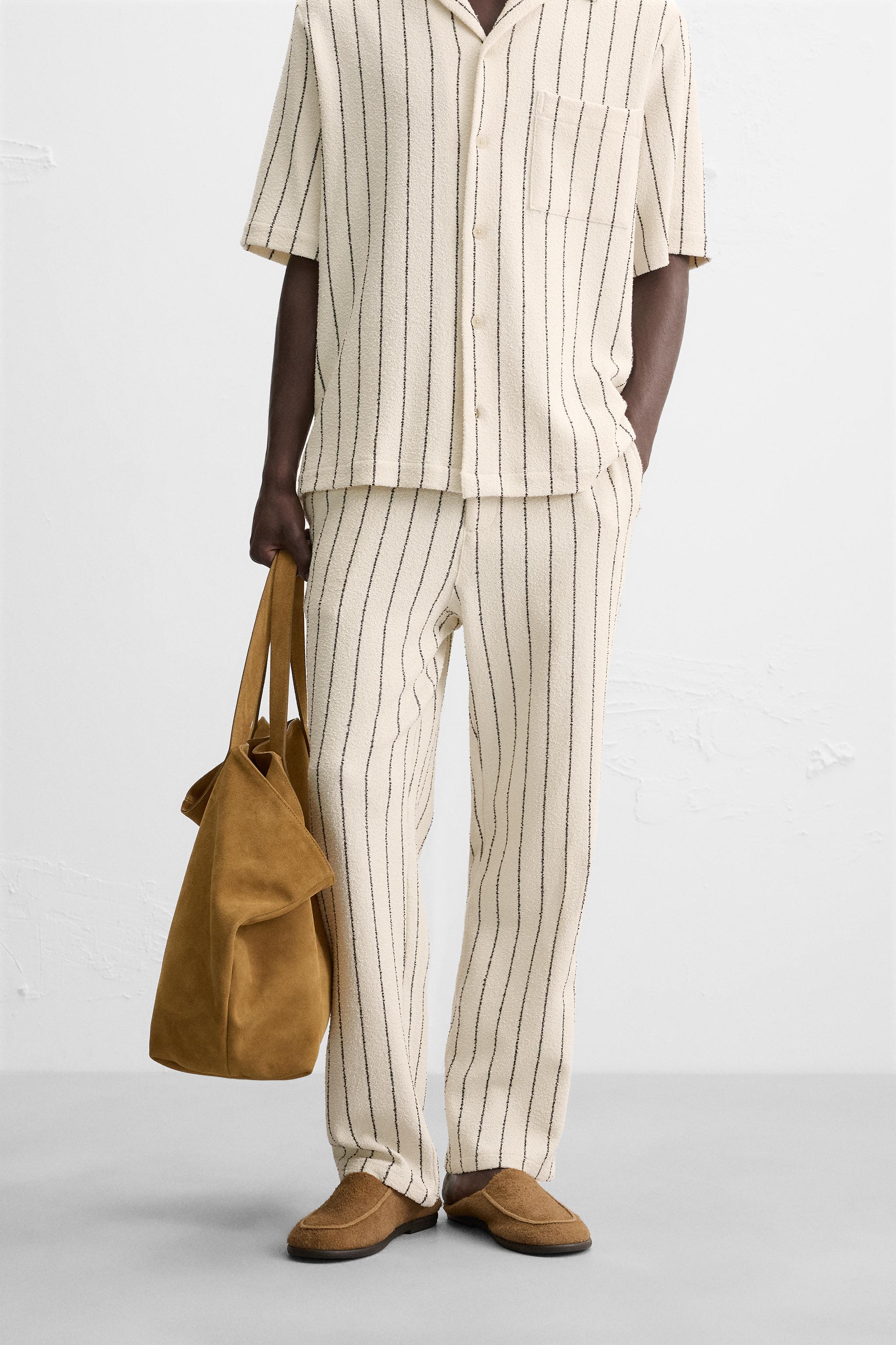 STRIPED TEXTURED TERRY PANTS - Ecru / Navy | ZARA United States