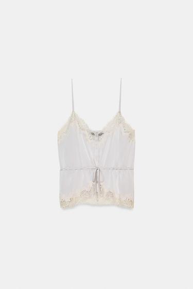 SATIN TOP WITH LACE - Pearl grey by Zara