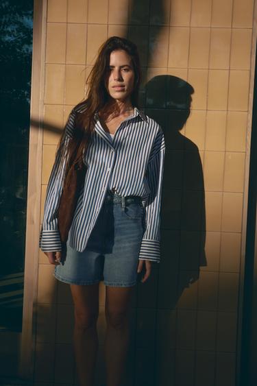 Zara 基本款府綢襯衫 - 海藍色 / 白色