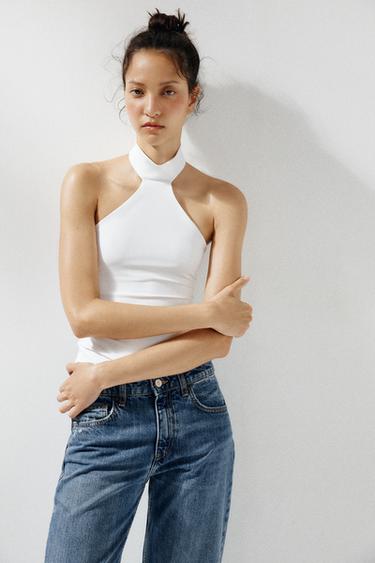 Zara POLYAMIDE HALTER TOP - White