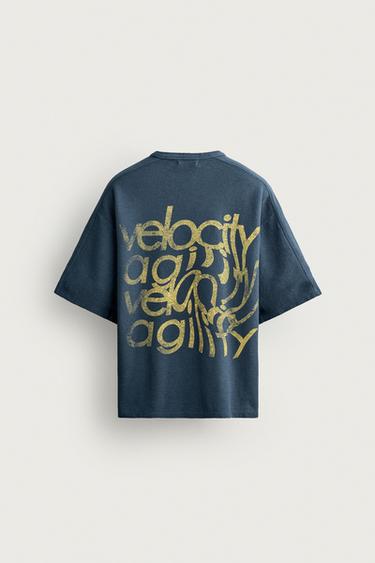 ウォッシュ加工プリントニットTシャツネイビーブルーZaraのウォッシュ加工プリントニットTシャツ - ネイビーブルー 
