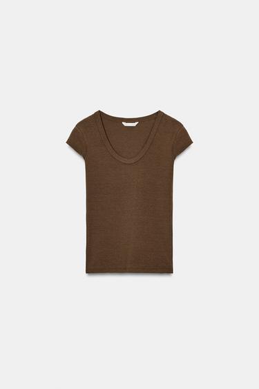 Zara POT NECK T-SHIRT - Brown