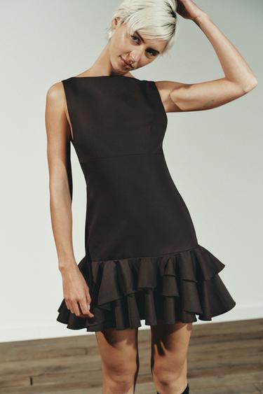 Zara SHORT RUFFLED DRESS - Dark brown