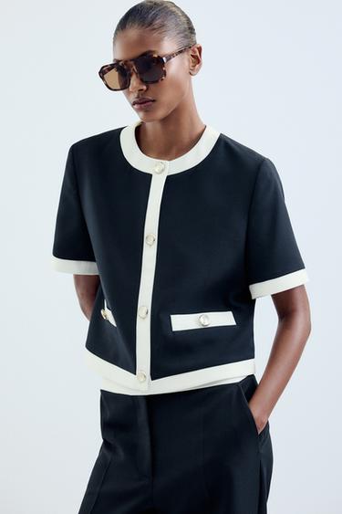 Zara SHORT SLEEVE BLAZER WITH CONTRAST WELT - Navy blue