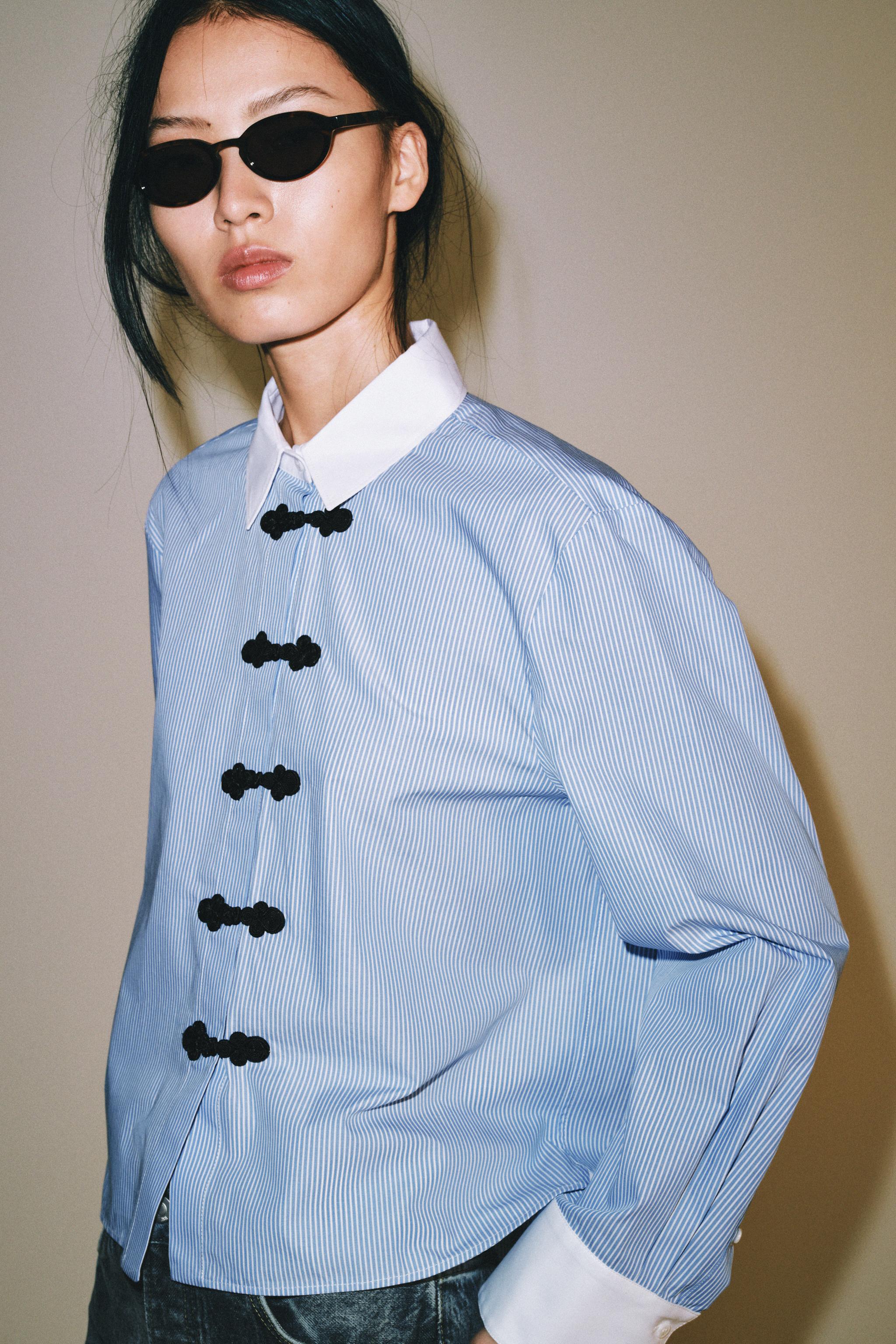 ZW COLLECTION STRIPED FROG FASTENING SHIRT — Blue / White