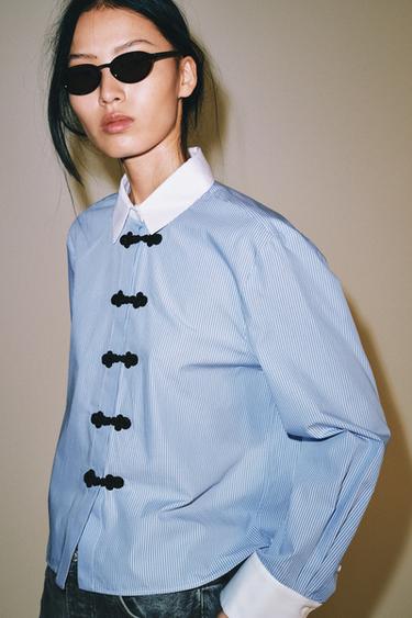 Zara ZW COLLECTION STRIPED FROG FASTENING SHIRT - Blue / White