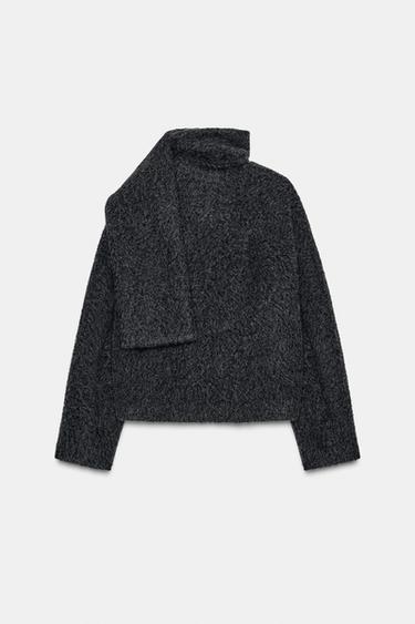 SHORT BOUCLÉ COAT WITH SCARF - Dark grey by Zara - Image 7
