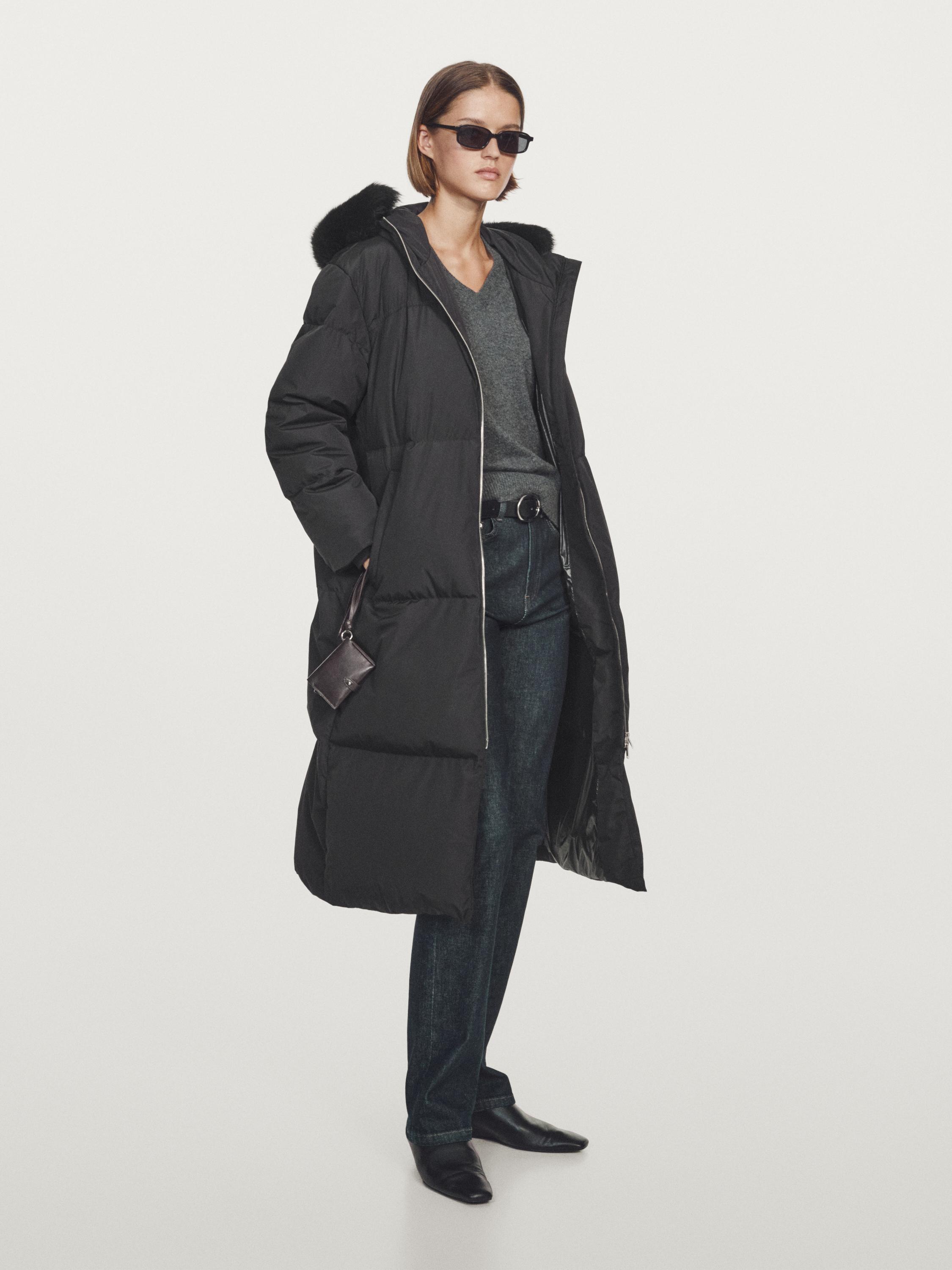 Technical down jacket with faux fur hood