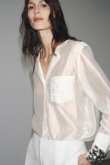 ZW COLLECTION EMBROIDERED POCKET SHIRT - Oyster-white by Zara