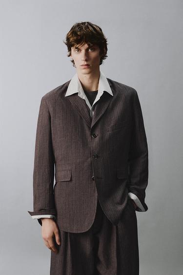 STRIPED VISCOSE/LINEN SUIT BLAZER - Dark brown by Zara