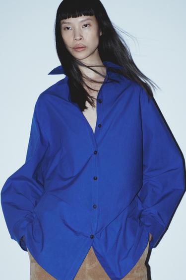 Zara 府綢襯衫側邊褶飾 - 深藍色