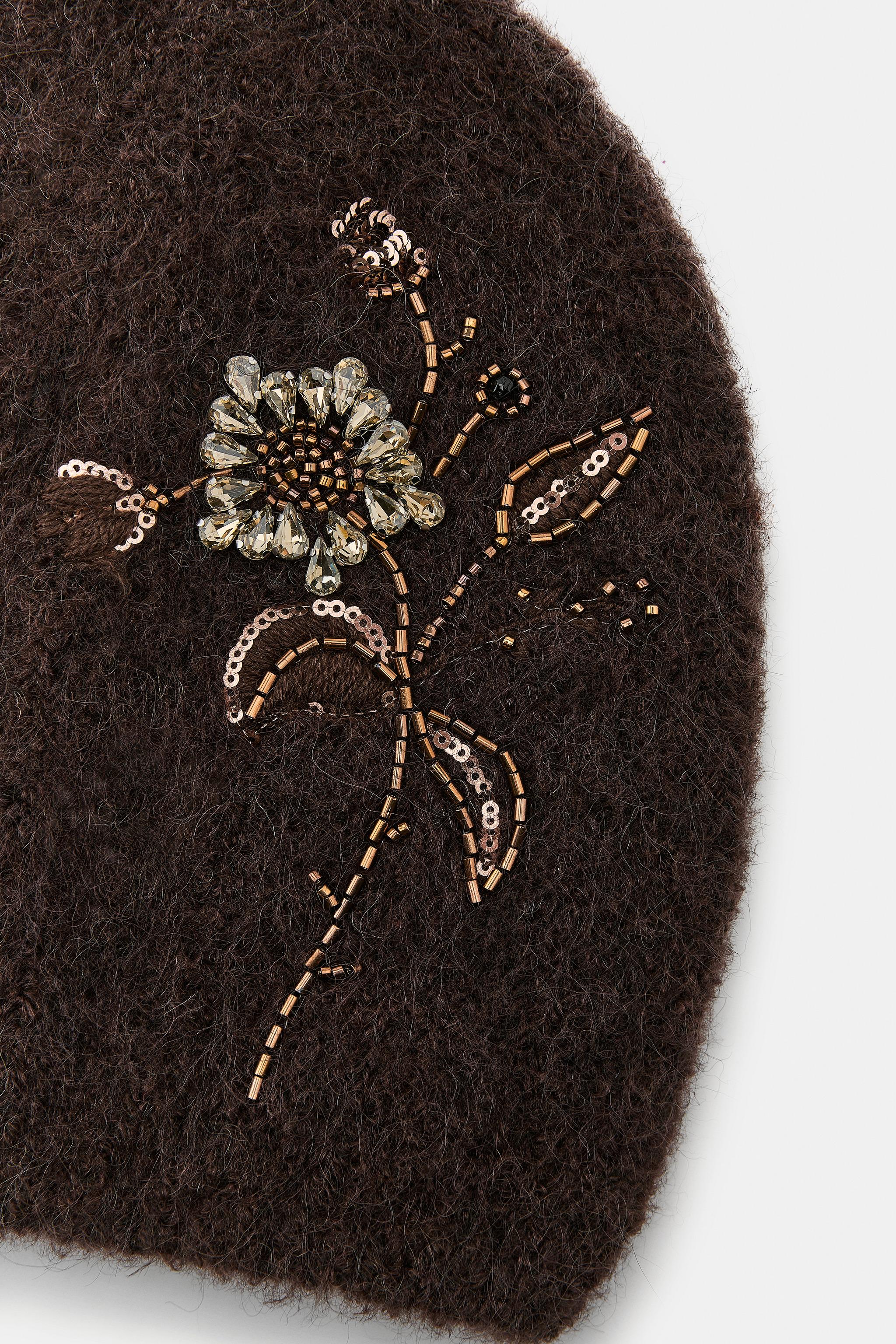 BEADED FLOWER KNIT BEANIE