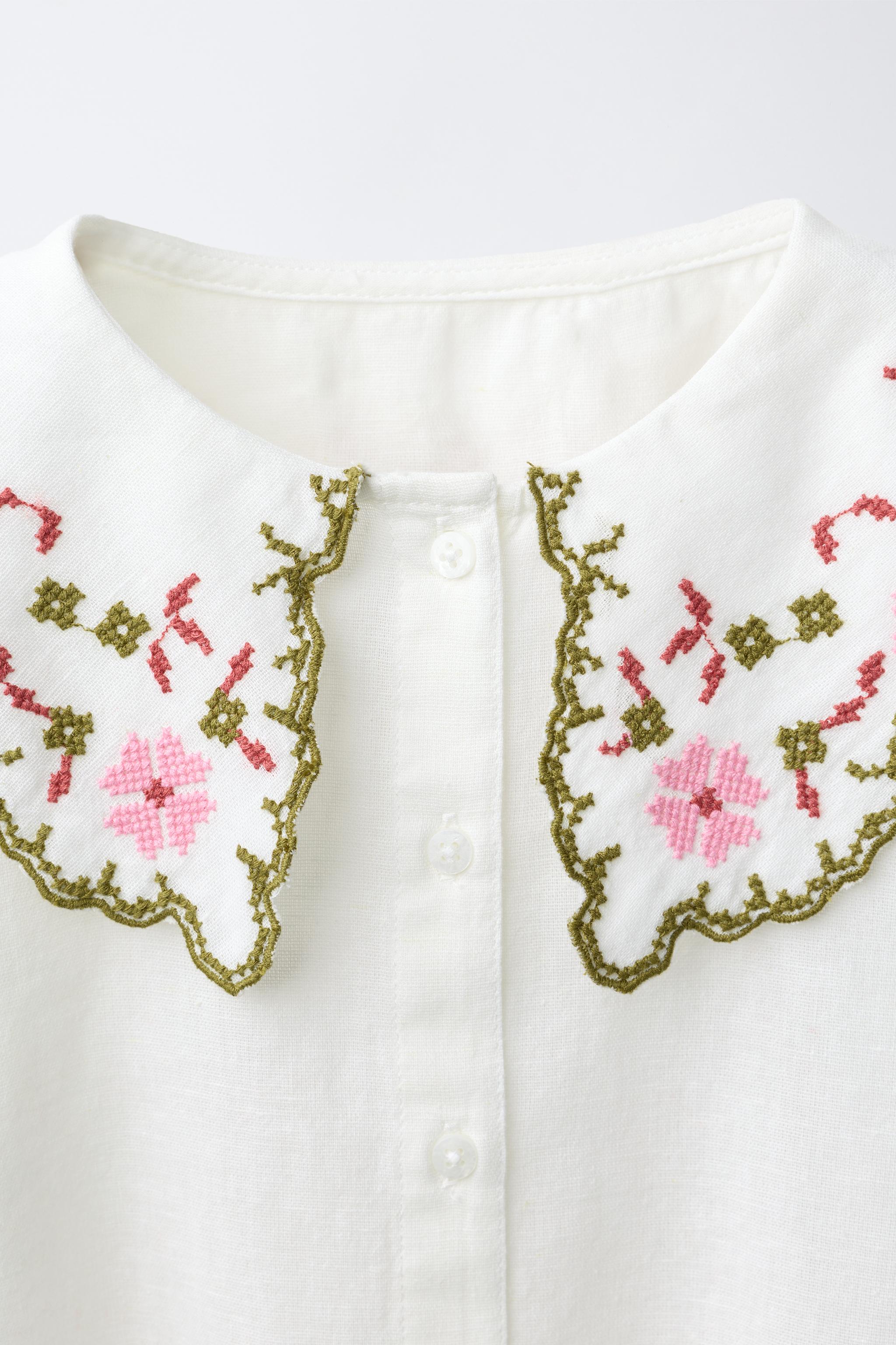 Детские рубашки Zara COTTON-LINEN CROSS-STITCH EMBROIDERED SHIRT — фото 4