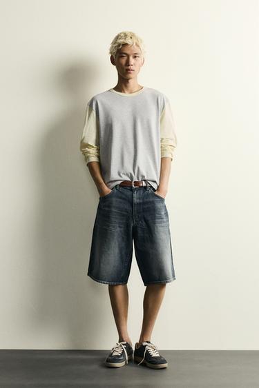 JEANS-BERMUDASHORTS BAGGY FIT MIT LEDER-DETAILS - Blau von Zara
