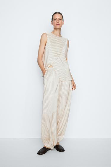 Zara Striped flowing drop crotch pants - STUDIO - Ecru - Image 0