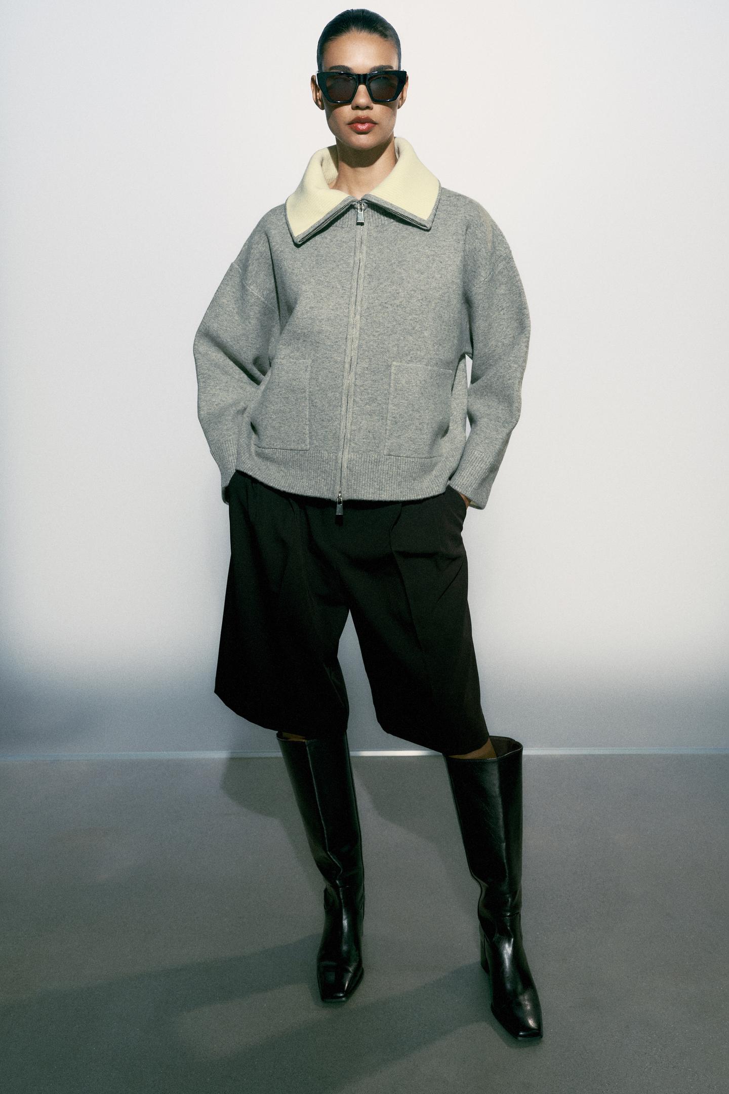 Женский кардиган Zara Contrast Collar, цвет: Серый