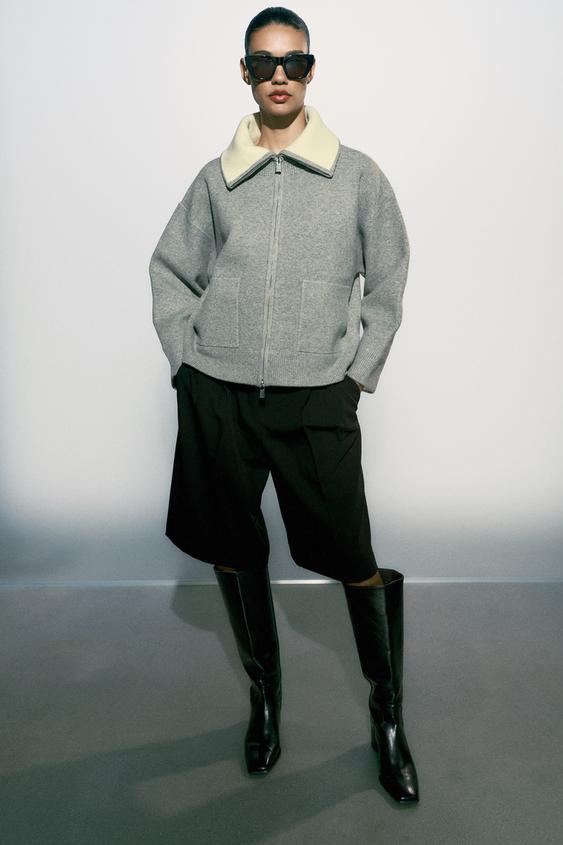 Женский кардиган Zara Contrast Collar, цвет: Серый