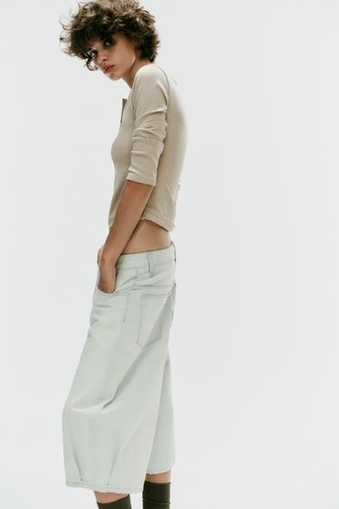 Zara MID-RISE BALLOON DENIM JORTS - Light blue