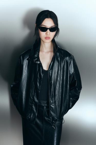 Zara ZW COLLECTION 亮面飛行員外套 - 黑色