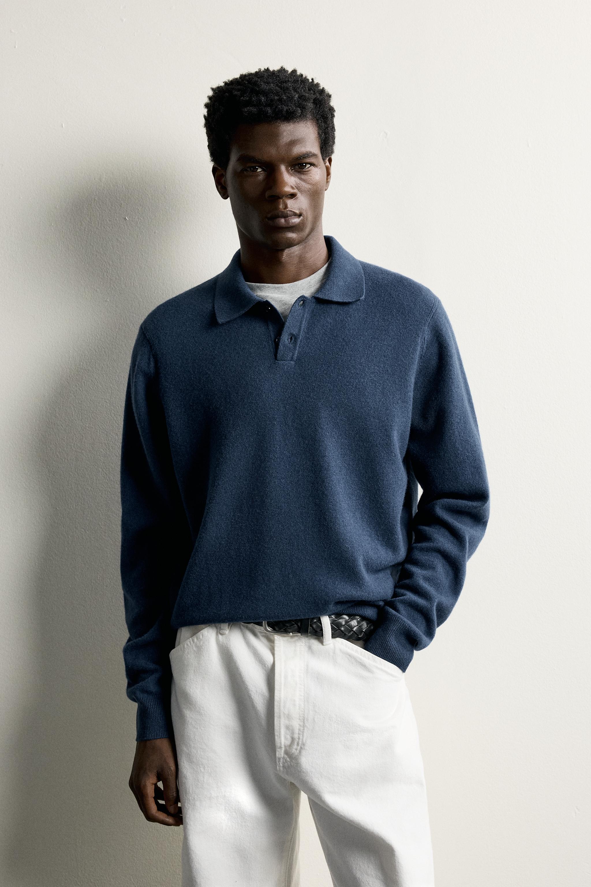 WOOL BLEND RELAXED FIT KNIT POLO — Mid-blue